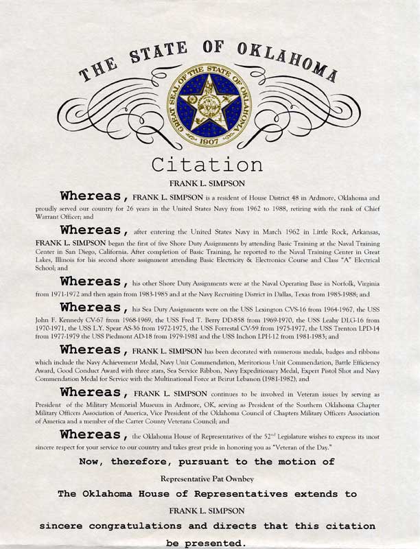 Veteran of the Week Citation