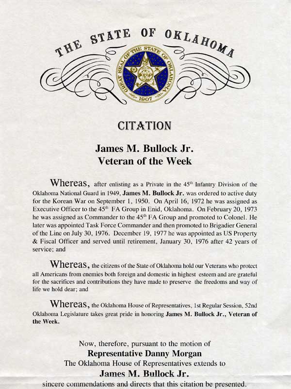 Veteran of the Week Citation