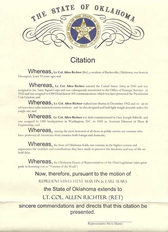 Veteran of the Week Citation