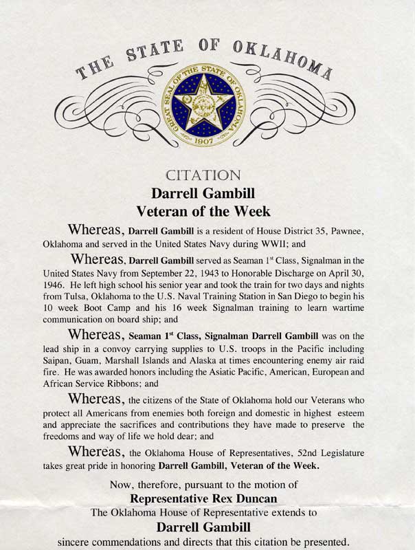 Veteran of the Week Citation