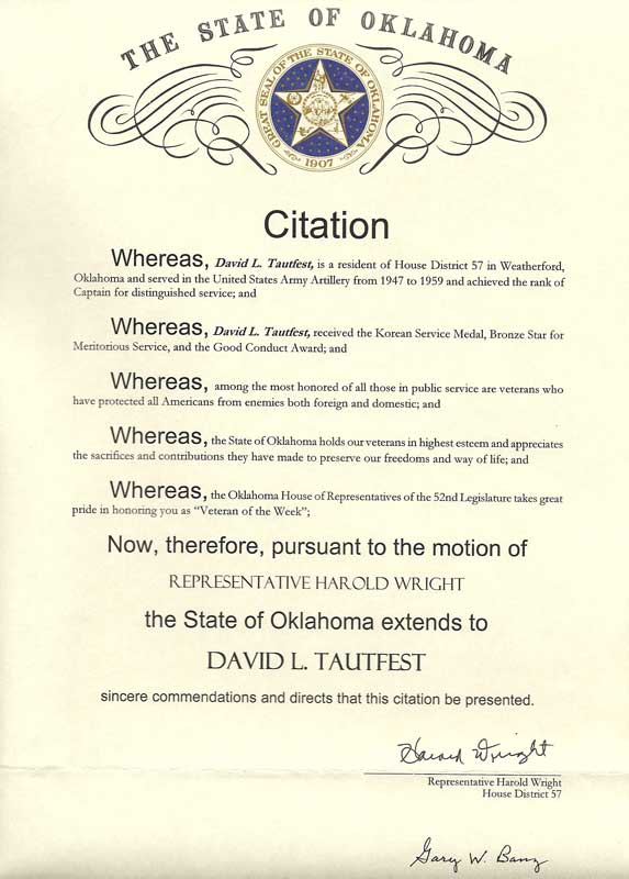 Veteran of the Week Citation