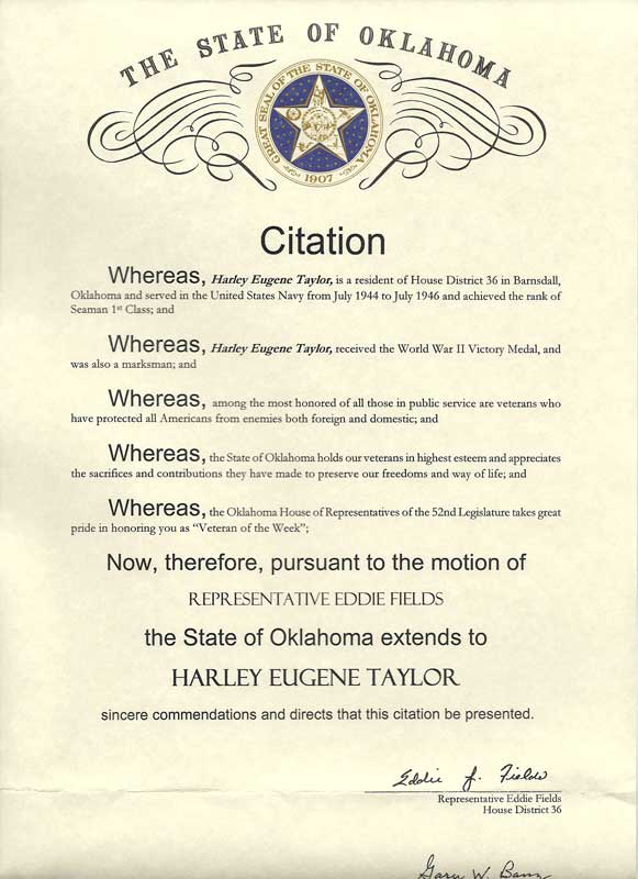 Veteran of the Week Citation