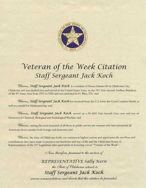 Veteran of the Week Citation