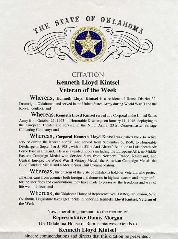 Veteran of the Week Citation