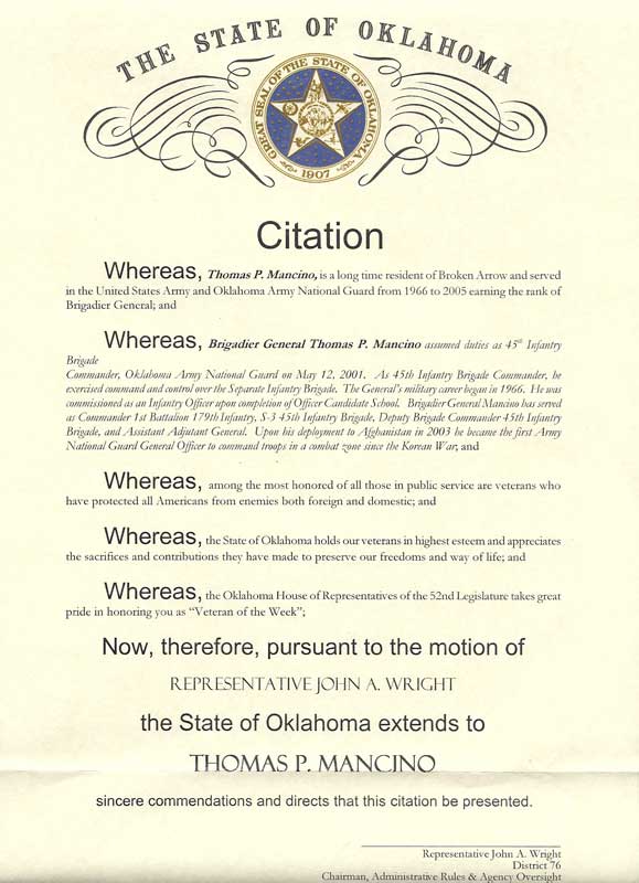 Veteran of the Week Citation