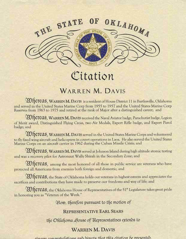 Veteran of the Week Citation